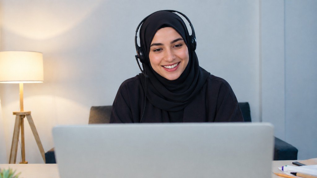 A teacher in hijab giving an online lesson